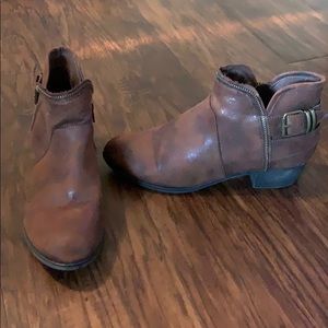 Brown American Rag booties w/ brass buckles